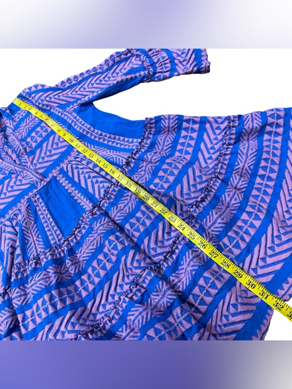 Devotion TWINS Blue Pink Geometric Woven Tier Bell Sleeve Mini Dress Medium - Picture 12 of 12